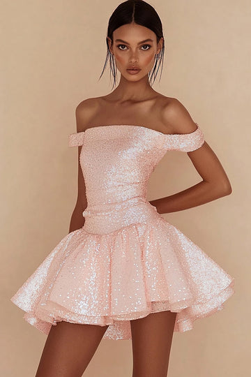 Sparkly Pink Sequins Off the Shoulder Short Graduation Dress